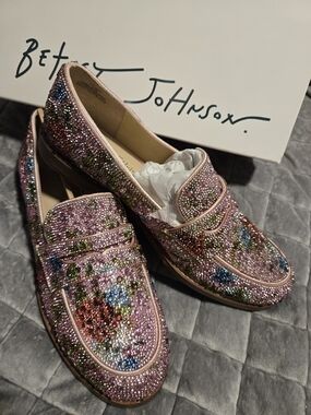 Betsey Johnson Pink Multicolor Crystal Penny Loafers